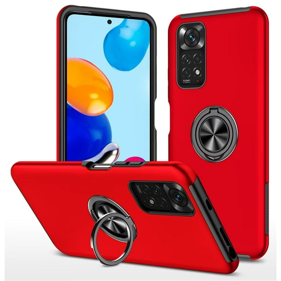 SZMLOGB Phone Case for Redmi Note 11S 4G/Note 11 with Ring Holder Shock Resistant Scratch Resistant PC Silicone Heavy Duty Protective Case-Red