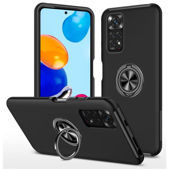 SZMLOGB Phone Case for Redmi Note 11S 4G/Note 11 with Ring Holder Shock Resistant Scratch Resistant PC Silicone Heavy Duty Protective Case-black
