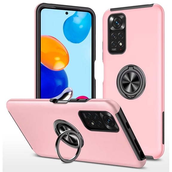 SZMLOGB Phone Case for Redmi Note 11S 4G/Note 11 with Ring Holder Shock Resistant Scratch Resistant PC Silicone Heavy Duty Protective Case-pink