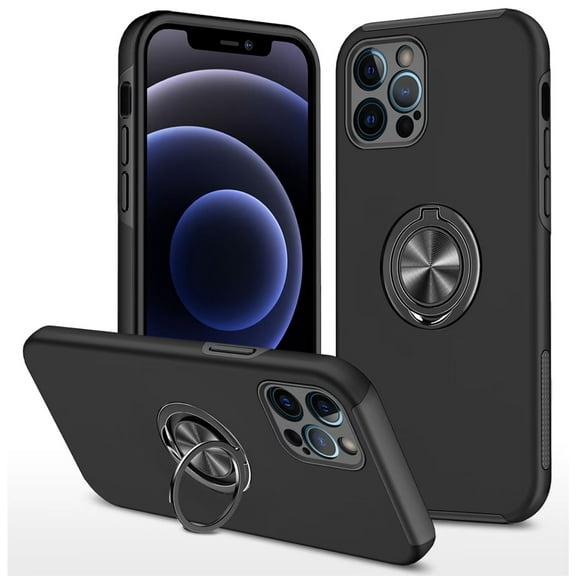 SZMLOGB Phone Case for iphone 12 Pro(6.1") with Ring Holder Shock Resistant Scratch Resistant PC Silicone Heavy Duty Protective Case-black