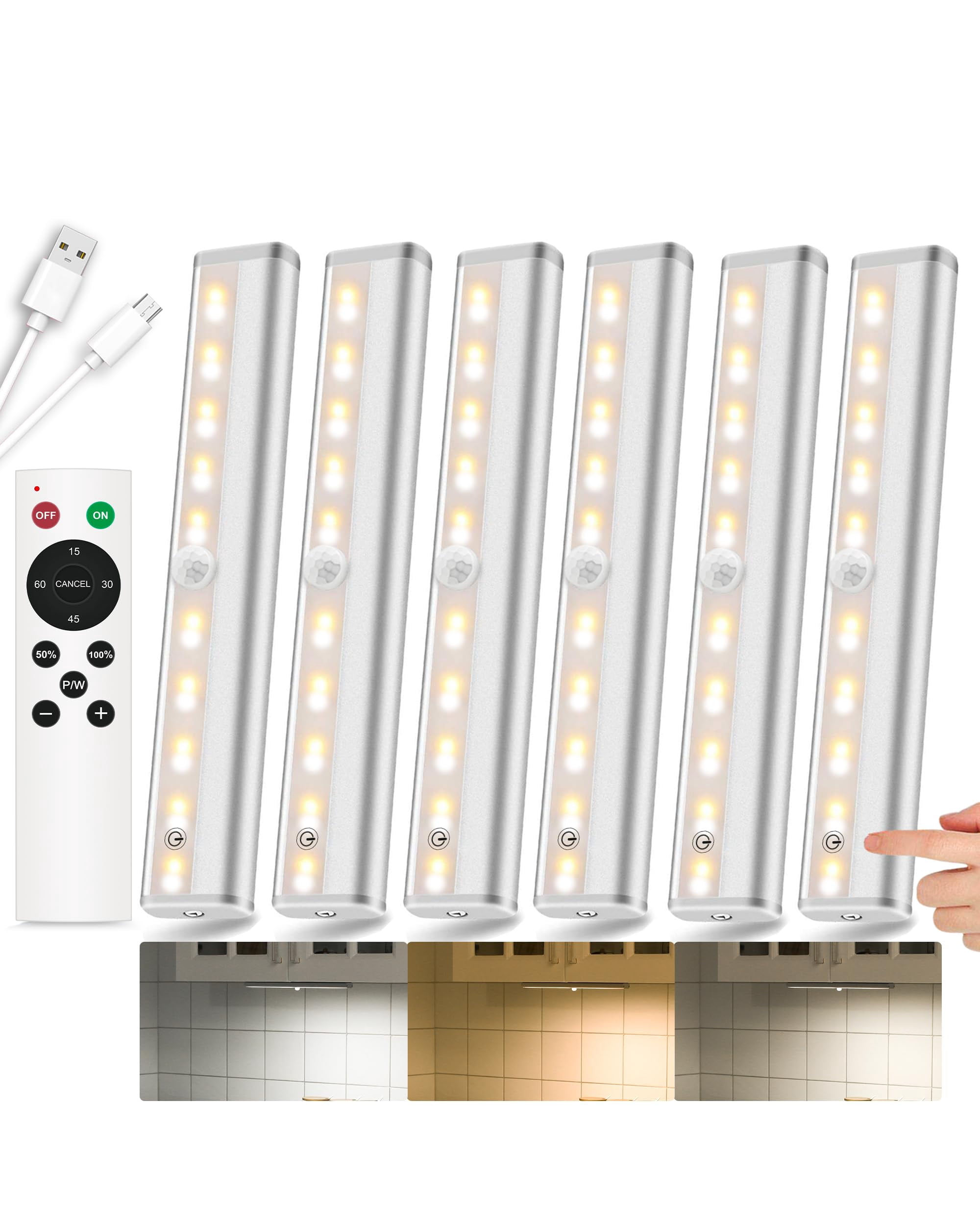 SZOKLED Under Cabinet Lights, 20LED Under Cabinet Lighting Rechargeable ...