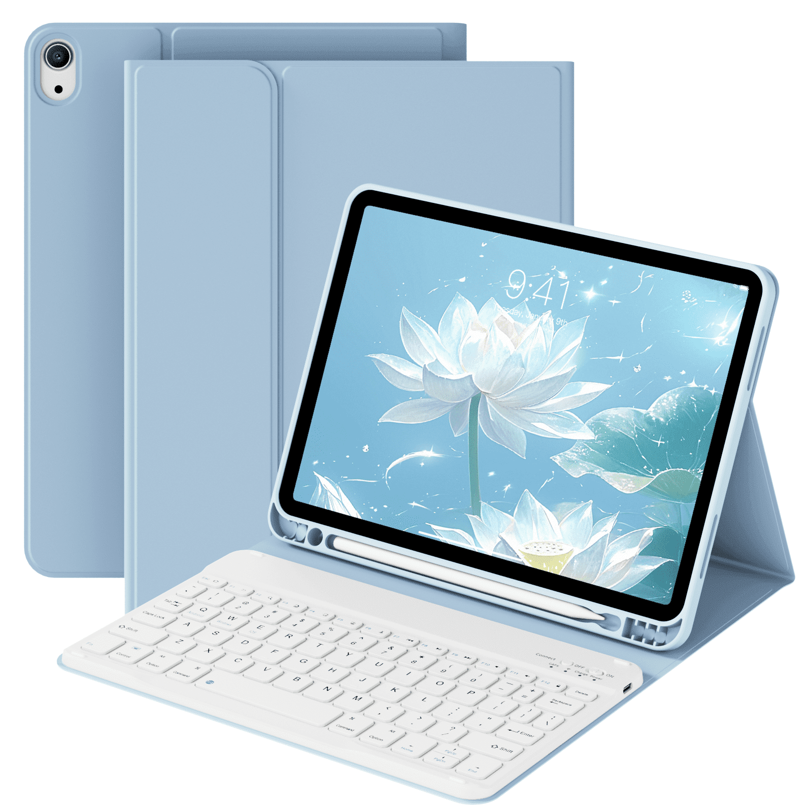SZPSGC for iPad A16 11th 10th Generation Case with Keyboard, Soft TPU Back Cover with Pencil Holder, Magnetically Detachable Folio Keyboard case for iPad 11th Gen 11 Inch/10th Gen 10.9 Inch,Sky Blue