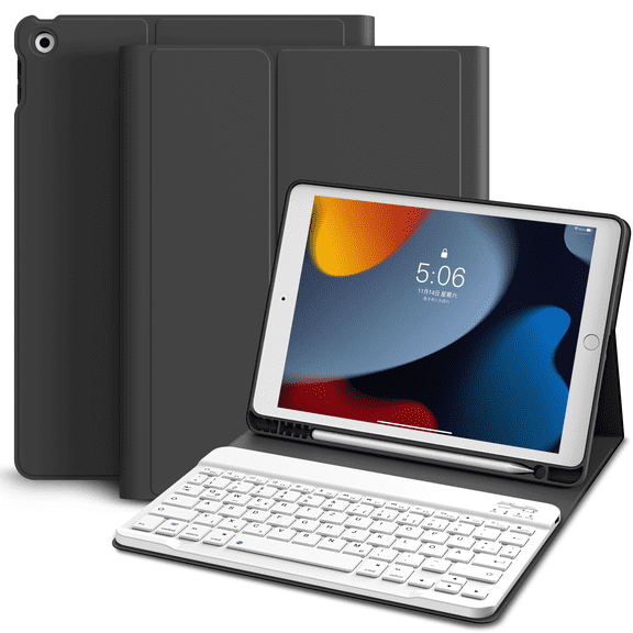 SZPSGC Keyboard Case for iPad 10.2-Inch (2021/2020/2019 Model, 9th/8th/7th Generation) with Pencil Holder, Magnetic Detachable Bluetooth Wireless Keyboard, Soft TPU Back Stand Cover,Black