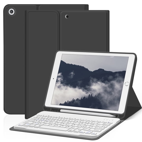 SZPSGC Keyboard Case for iPad 10.2-Inch (2021/2020/2019 Model, 9th/8th/7th Generation) with Pencil Holder, Magnetic Detachable Bluetooth Wireless Keyboard, Soft TPU Back Stand Cover,Black