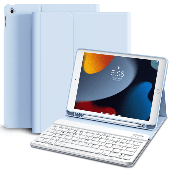 SZPSGC Keyboard Case for iPad 10.2-Inch (2021/2020/2019 Model, 9th/8th/7th Generation) with Pencil Holder, Magnetic Detachable Bluetooth Wireless Keyboard, Soft TPU Back Stand Cover,Blue