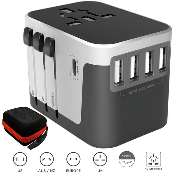 SZROBOY Universal Travel Adapter,All-in-one International USB Travel Adapter with High Speed 5.6A 5-Port USB Charger Worldwide AC Wall Outlet Plugs for for Business Travel of US,EU,UK,AU 200+C