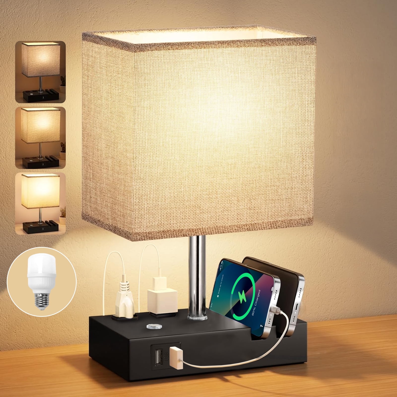 SZRSTH 15.7" Bedside Table Lamp for Bedroom, Dual Fast USB Charging Ports, Fully Dimmable Nightstand Lamps