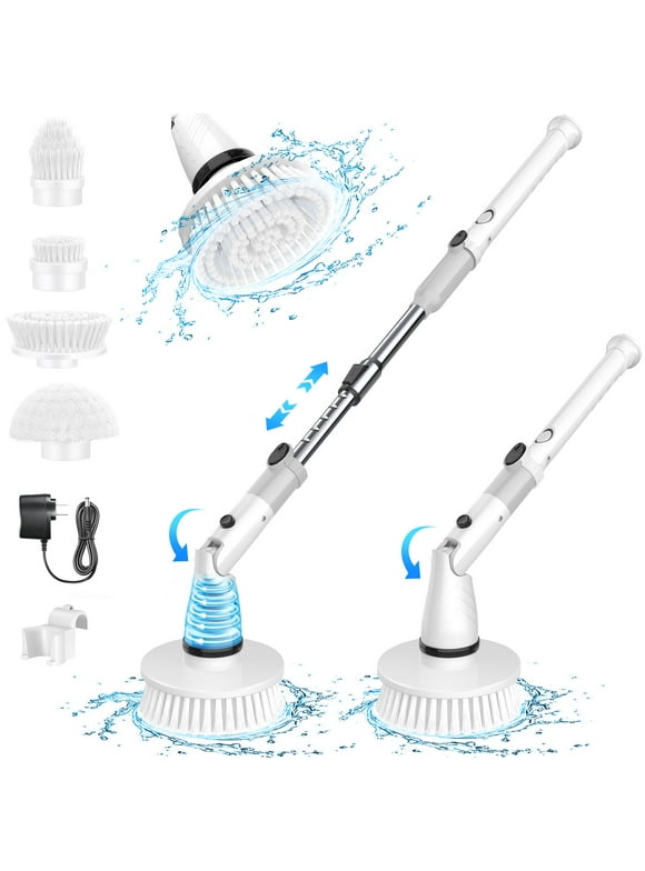 SZRSTH Electric Spin Scrubber - Cordless Cleaning Brush with 4 Heads & Extension Handle Power Shower Scrubber for Bathroom Kitchen Tile Floor