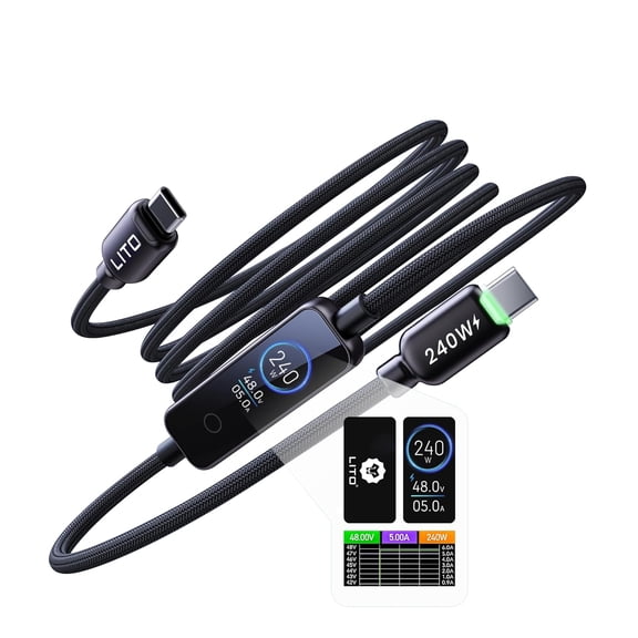 SZSZ 240W USB C to USB C Cable with TFT Color Screen, PD 3.1 Fast Charging Premium 48-Strand Nylon Braided Cord Compatible with iPhone 17/16/15, MacBook, Laptop,Tablet, Galaxy, Pixel, Steam Deck,4ft