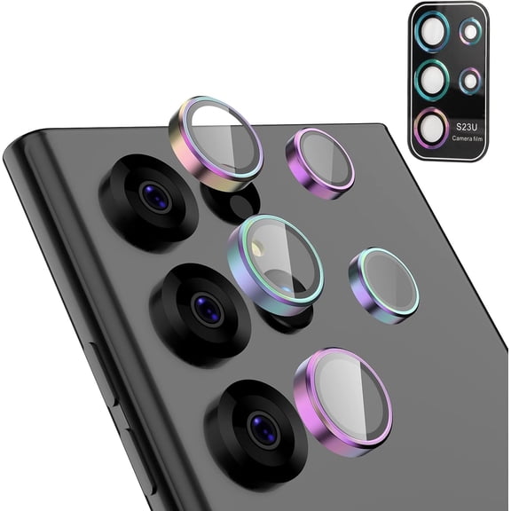 SZSZ Galaxy S23 Ultra Camera Lens Protector, Tempered Glass Back Camera Cover Protection Aluminum Alloy Lens Ring Cover for Samsung Galaxy S23 Ultra(Raibow)