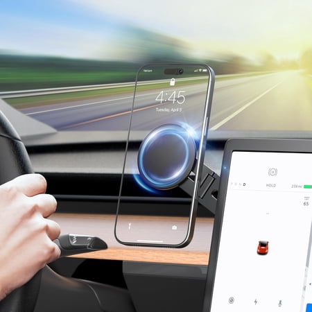 SZSZ Magnetic Phone Holder for Tesla Model Y/3, Foldable Hidden Tesla Phone Mount Fit for iPhone 17/16/15/14/13 seirs, PC Monitor, Compatible with Magsafe Car Mount for Tesla Accessory, Black