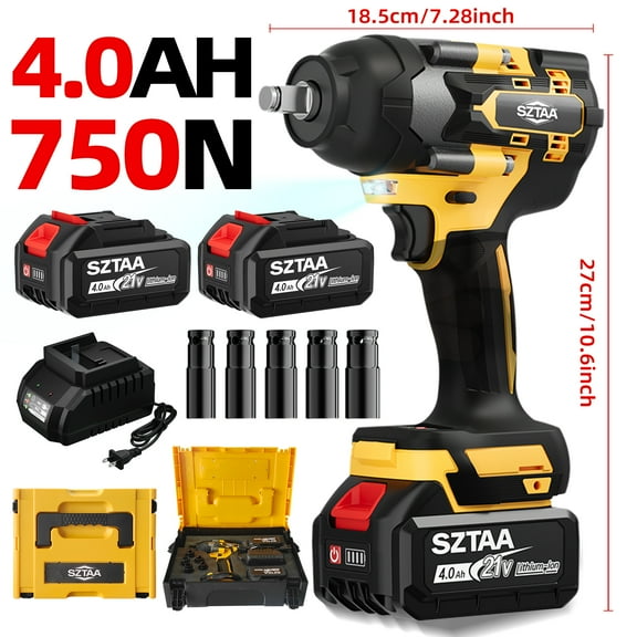 SZTAA 21V 4.0Ah Impact Wrench, 750 N.m Home Improvement Power Tools Electric Impact Gun Impact Driver for Car Home Yellow Brushless impact driver