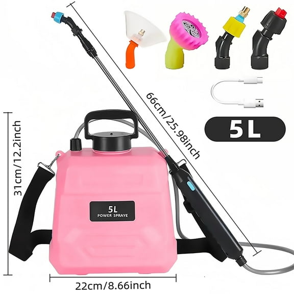 SZTAA Pink Battery Powered Sprayer - Electric Garden Sprayer with 4 Mist Nozzles, Retractable Wand, Adjustable Shoulder Strap for Lawn and Gardening