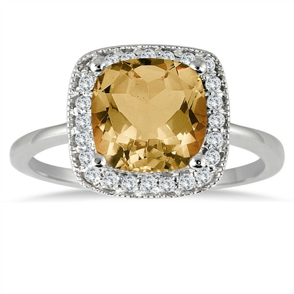 SZUL Women's 1 1/4 Carat Cushion Cut Citrine and Diamond Ring in 14K White Gold