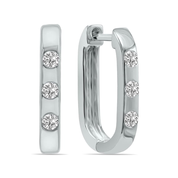 SZUL Women's 1/10 CTW Three Stone Lab Grown Diamond Oval Huggies Hoop Earrings in 10K White Gold (F-G Color, VS1- VS2 Clarity)