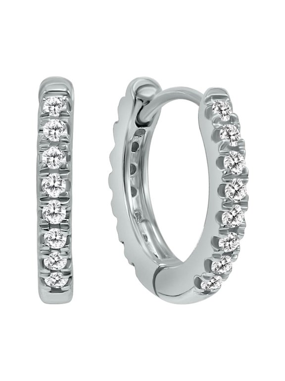 Women's 1/10 Carat TW Small Diamond Huggie Hoop Earrings in 10K White Gold (J-K-L Color, I2-I3 Clarity)