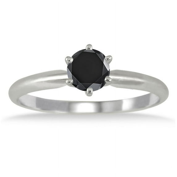 SZUL Women's 1/2 Carat Genuine Round Black Diamond Solitaire Ring in 14k White Gold