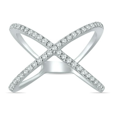 SZUL Women's 1/2 Carat TW Diamond Criss Cross X Ring in 10K White Gold (K-L Color, I2-I3 Clarity)