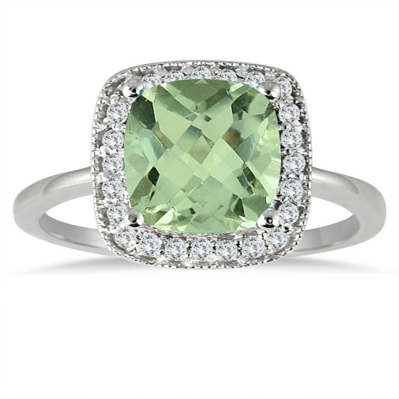 SZUL Women's 1.30 Carat Cushion Cut Green Amethyst and Diamond Ring in 14K White Gold
