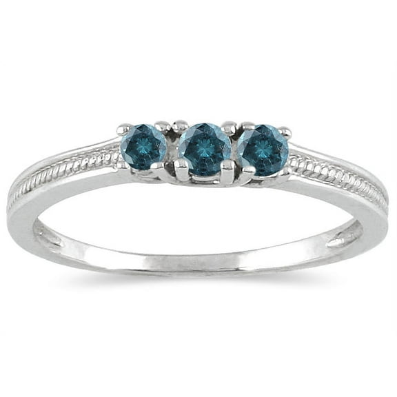 SZUL Women's 1/4 Carat TW Blue Diamond 3 stone Ring in 10K White Gold