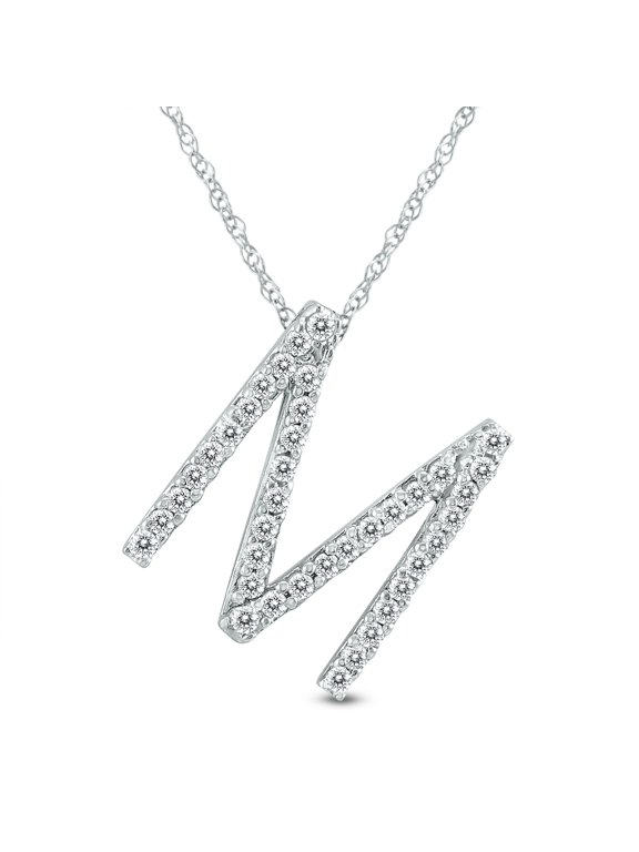 Women's 1/5 Carat TW M Initial Diamond Pendant Necklace in 10K White Gold with Adjustable Chain (J-K-L Color, I2-I3 Clarity)