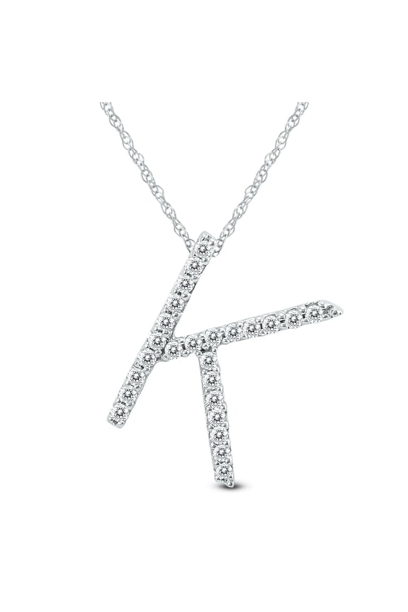 Women's 1/8 Carat TW K Initial Diamond Pendant Necklace in 10K White Gold with Adjustable Chain (J-K-L Color, I2-I3 Clarity)
