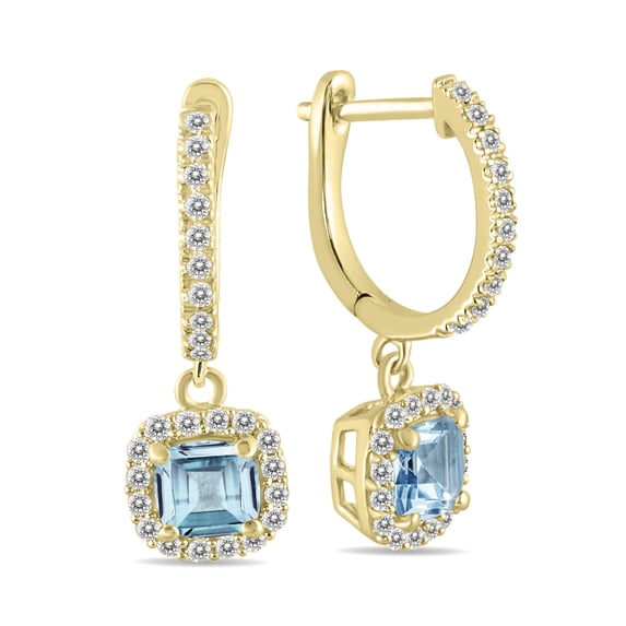 SZUL Women's 1 Carat Aquamarine and Diamond Halo Dangle Earrings in 10K Yellow Gold