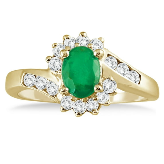 SZUL Women's 1 Carat Emerald and Diamond Flower Twist Ring in 14K Yellow Gold