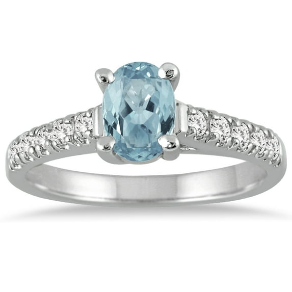 SZUL Women's 1 Carat Oval Aquamarine and Diamond Ring in 14K White Gold