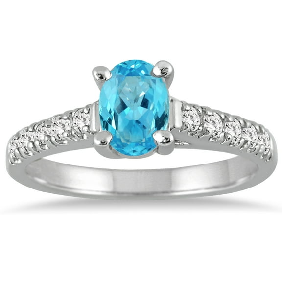 SZUL Women's 1 Carat Oval Blue Topaz and Diamond Ring in 14K White Gold