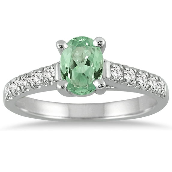 SZUL Women's 1 Carat Oval Green Amethyst and Diamond Ring in 14K White Gold