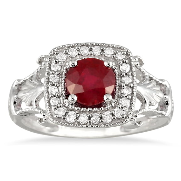 SZUL Women's 1 Carat Ruby and Diamond Antique Halo Ring in 10K White Gold