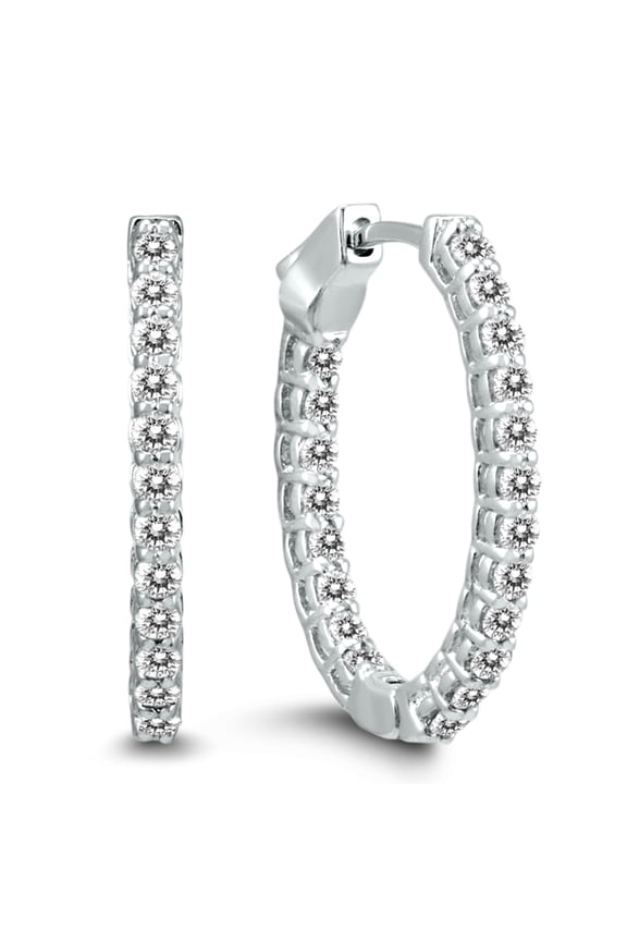 Women's 1 Carat TW Oval Diamond Hoop Earrings with Push Button Locks in 14K White Gold (J-K-L Color, I2-I3 Clarity)
