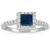 SZUL Women's 1 Carat TW Princess Cut Genuine Sapphire and Diamond Halo Engagement Ring in 14K White Gold