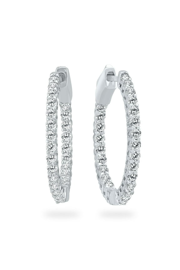 Women's 1 Carat TW Round Diamond Hoop Earrings with Push Down Button Lock in 14K White Gold