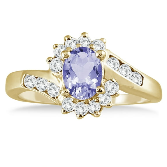 SZUL Women's 1 Carat Tanzanite and Diamond Flower Twist Ring in 14K Yellow Gold