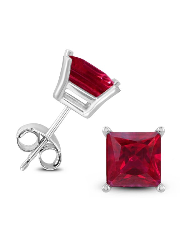 Women's 14K White Gold 5MM Square Ruby Earrings