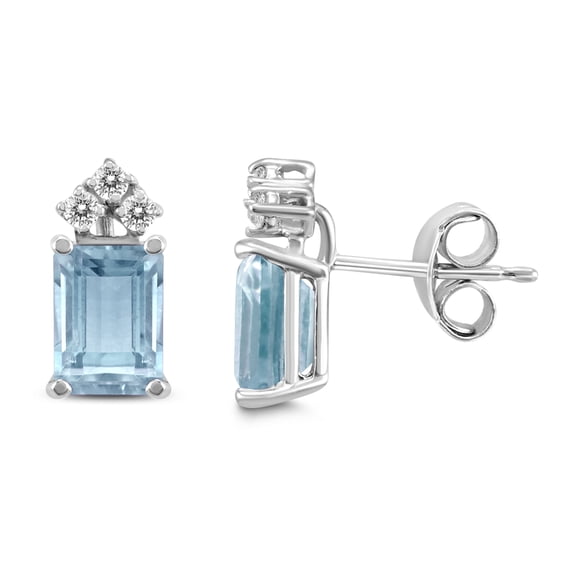 SZUL Women's 14K White Gold 5x3MM Emerald Shaped Aquamarine and Diamond Earrings