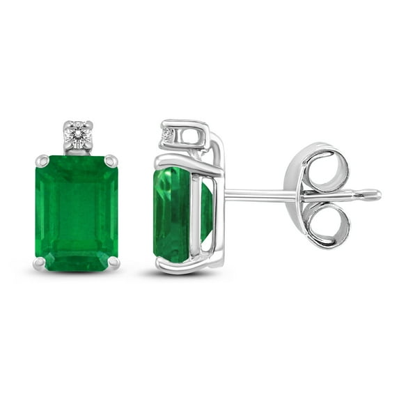 SZUL Women's 14K White Gold 5x3MM Emerald Shaped Emerald and Diamond Earrings