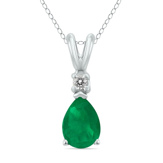 SZUL Women's 14K White Gold 6x4MM Pear Emerald and Diamond Pendant