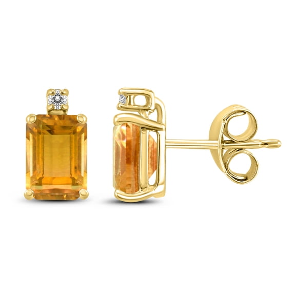 SZUL Women's 14K Yellow Gold 6x4MM Emerald Shaped Citrine and Diamond Earrings