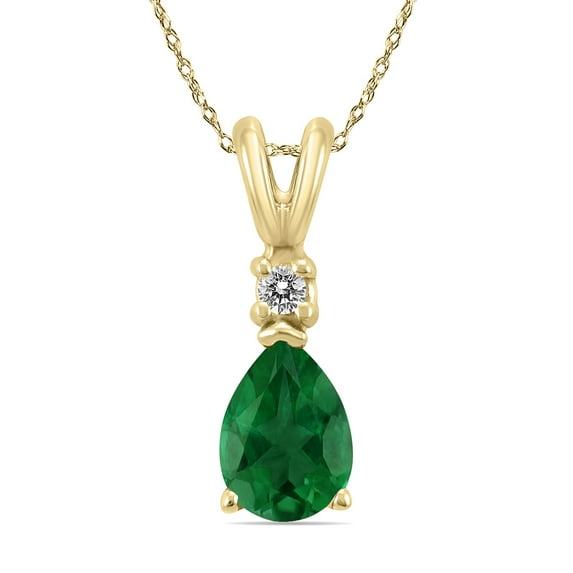 SZUL Women's 14K Yellow Gold 6x4MM Pear Emerald and Diamond Pendant