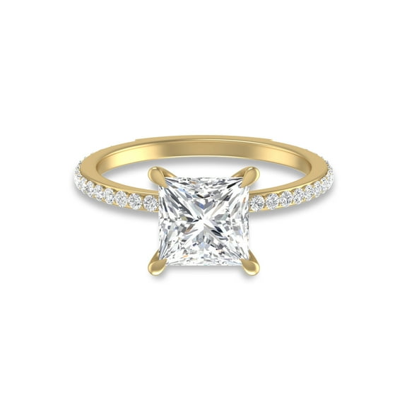 SZUL Women's 14K Yellow Gold Hidden Halo Cleo Ring with IGI Certified 2 Carat Center Princess Cut Lab-Grown Diamond