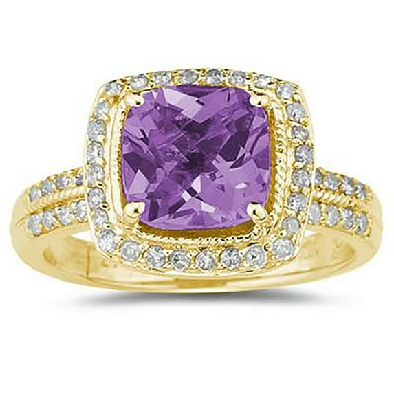 SZUL Women's 2 1/2 Carat Cushion Cut Amethyst & Diamond Ring in 14K Yellow Gold
