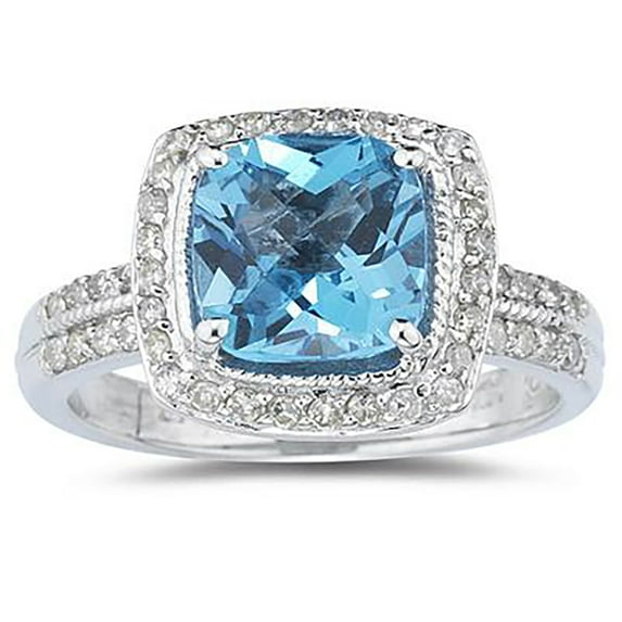 SZUL Women's 2 1/2 Carat Cushion Cut Blue Topaz & Diamond Ring in 14K White Gold