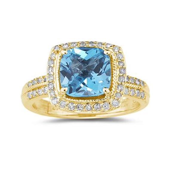 SZUL Women's 2 1/2 Carat Cushion Cut Blue Topaz & Diamond Ring in 14K Yellow Gold