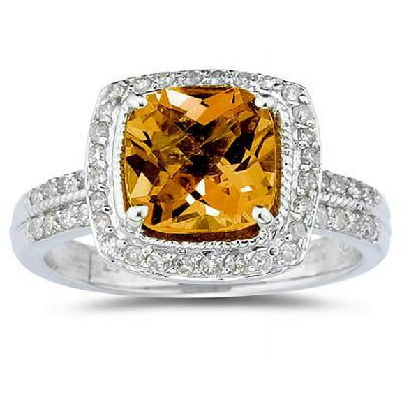 SZUL Women's 2 1/2 Carat Cushion Cut Citrine & Diamond Ring in 14K White Gold