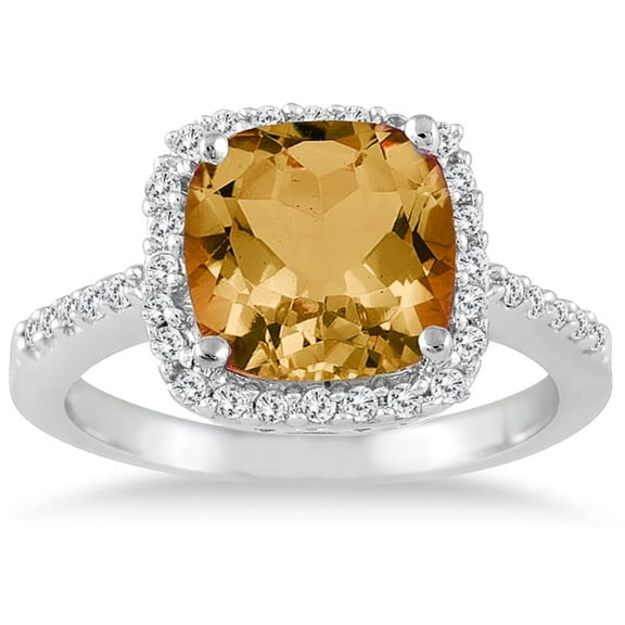 SZUL Women's 2 1/2 Carat Cushion Cut Citrine and Diamond Ring 14K White Gold