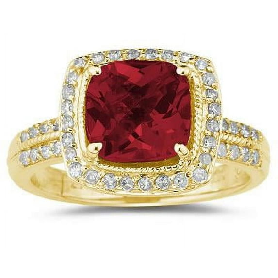 SZUL Women's 2 1/2 Carat Cushion Cut Garnet & Diamond Ring in 14K Yellow Gold