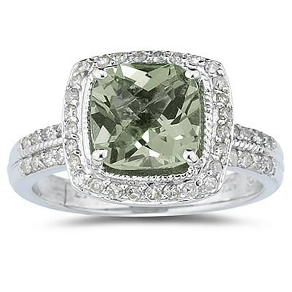 SZUL Women's 2 1/2 Carat Cushion Cut Green Amethyst & Diamond Ring in 14K White Gold